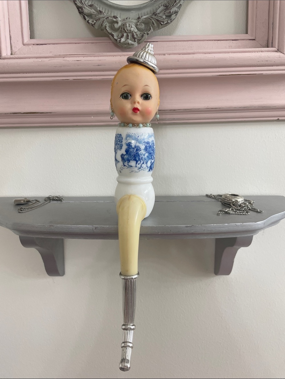 Vintage-Inspired Doll Head shelf Hook in Blue and Cream- unique handmade